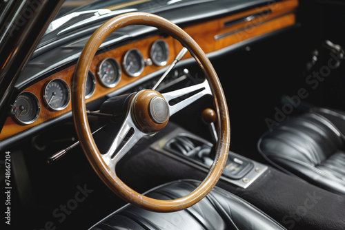 The cars interior features a unique wooden steering wheel, adding a touch of luxury to the vehicles automotive design. Timeless elegance in interior retro design closeup. © lenblr