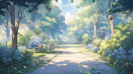 Anime-style illustration of a school background and posters in a soft and warm color palette