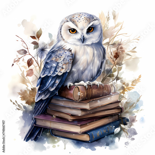 Blue-grey Wizards owl on a stack of books soft watercolor on white background png. photo