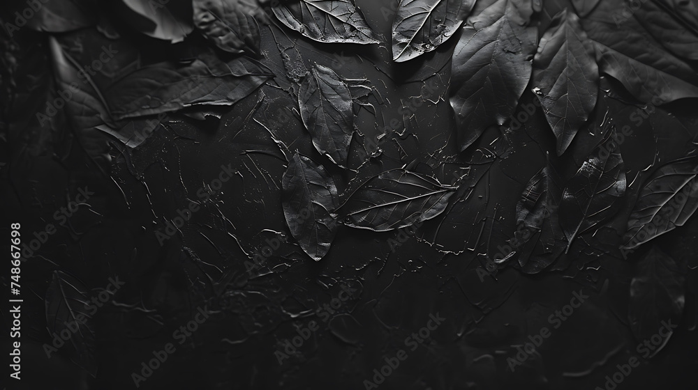 Black leaves on a black background. The leaves are wet and shiny. The background is dark and textured. The image is dark and moody. - obrazy, fototapety, plakaty 