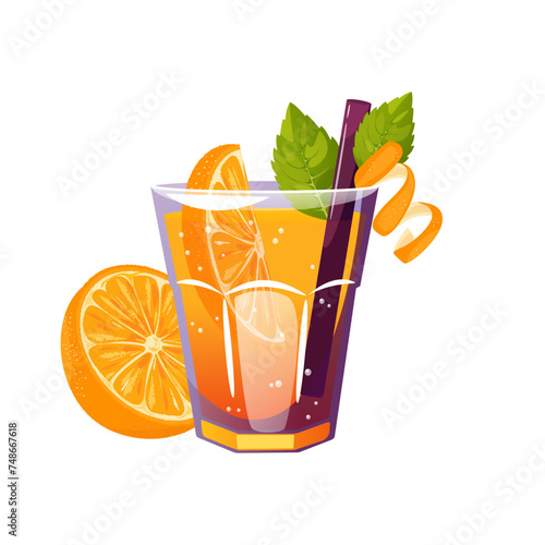 Cocktail with orange and mint. Summer refreshing drink, lemonade. Vector illustration.