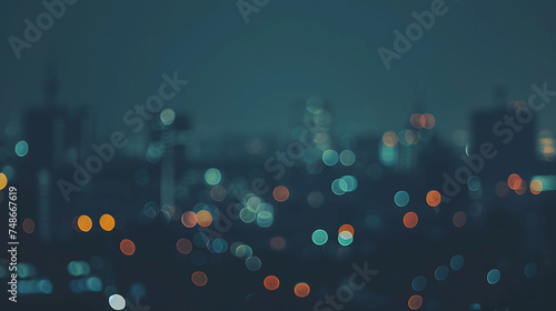 Abstract blurred cityscape at night with bokeh lights and dark background.