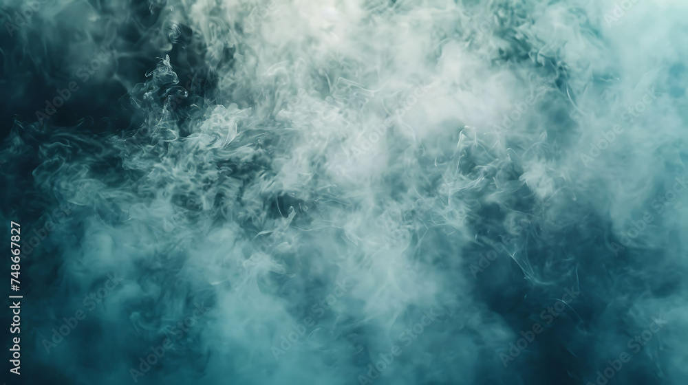 Wispy teal smoke swirls and curls against a deep blue background.