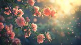 A beautiful spring landscape with delicate pink flowers on a tree branch. The soft sunlight filters through the petals, creating a magical atmosphere.