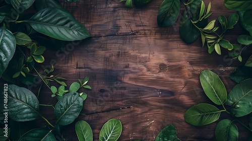Natural wooden background with green leaves. The wooden background is dark and has a rough texture.