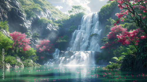 Tropical Oasis: Serene Beauty of Asia with Turquoise Water Stream and Waterfall in a Lush Forest