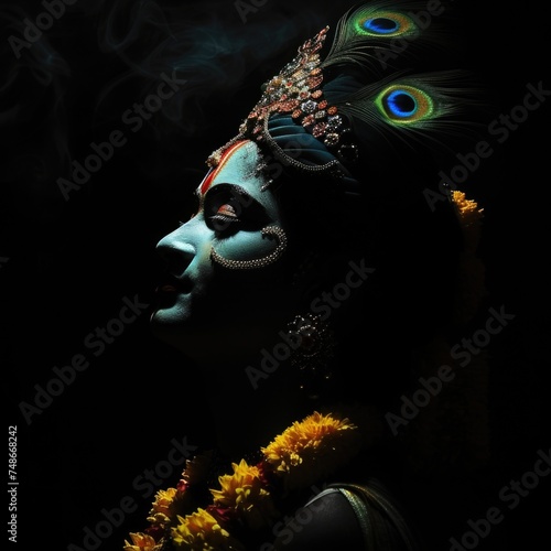 A Mystical and Cultural Experience - A darkened room, featuring a person adorned with traditional Indian makeup and jewelry, and a decorative feather in their hair.