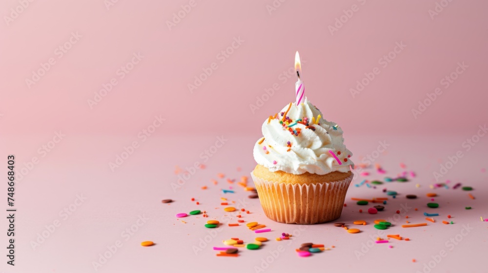 White frosted birthday cupcake with candle. Tasty, happy, delicious and sweet. Isolated on pink background. Copy space. White frosted birthday cupcake with candle. Tasty, happy, delicious and sweet. Isolated on pink background. Copy space.