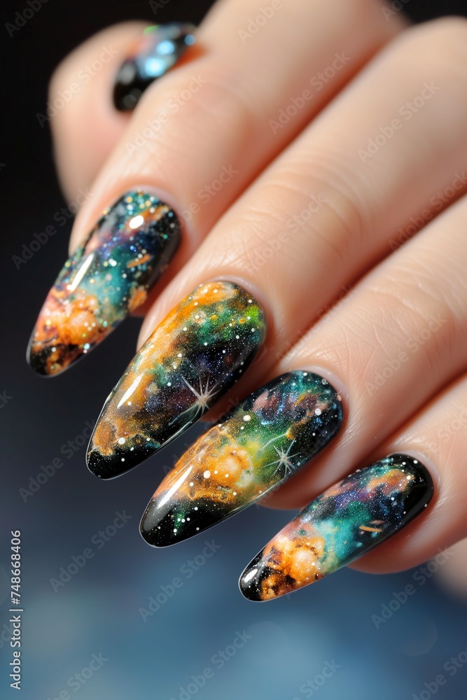 Close up view of a womans hand with manicure with meteor nebula space art design Close up view of a womans hand with manicure with meteor nebula space art design