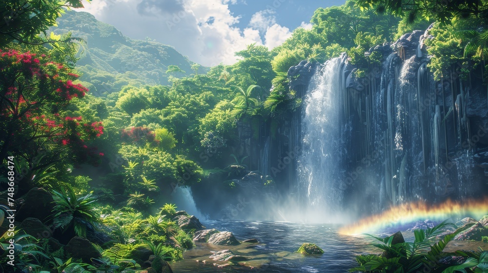 Hidden gem, waterfall in lush forest, rainbow in mist