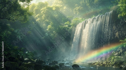 Hidden gem: a lush forest waterfall reveals a misty rainbow, a serene paradise awaits discovery