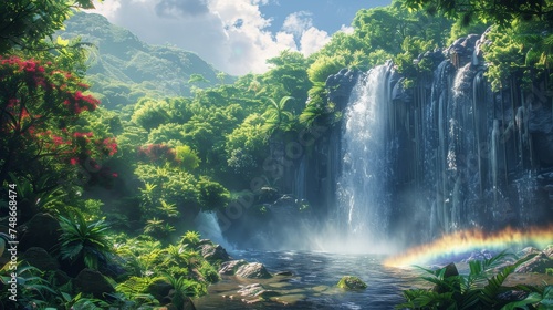 Hidden gem  waterfall in lush forest  rainbow in mist