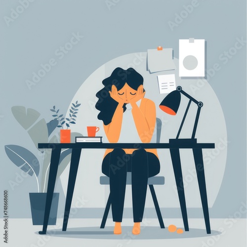 sad tired woman at her desk, flat design