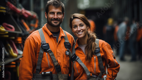 A man and a woman in orange jumpsuits are smiling for the camera