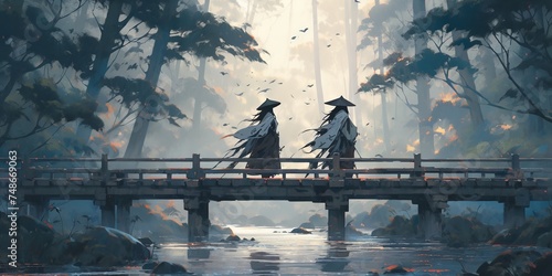 Epic duel of samurai warriors with swords on wooden bridge in ancient Japanese forest, realistic anime art