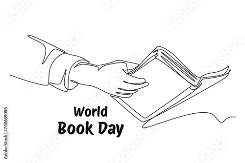 One single line draw of Spanduk dan ikon hari buku sedunia. banner and icon of book days. World book day event. Continuous line art vector illustration