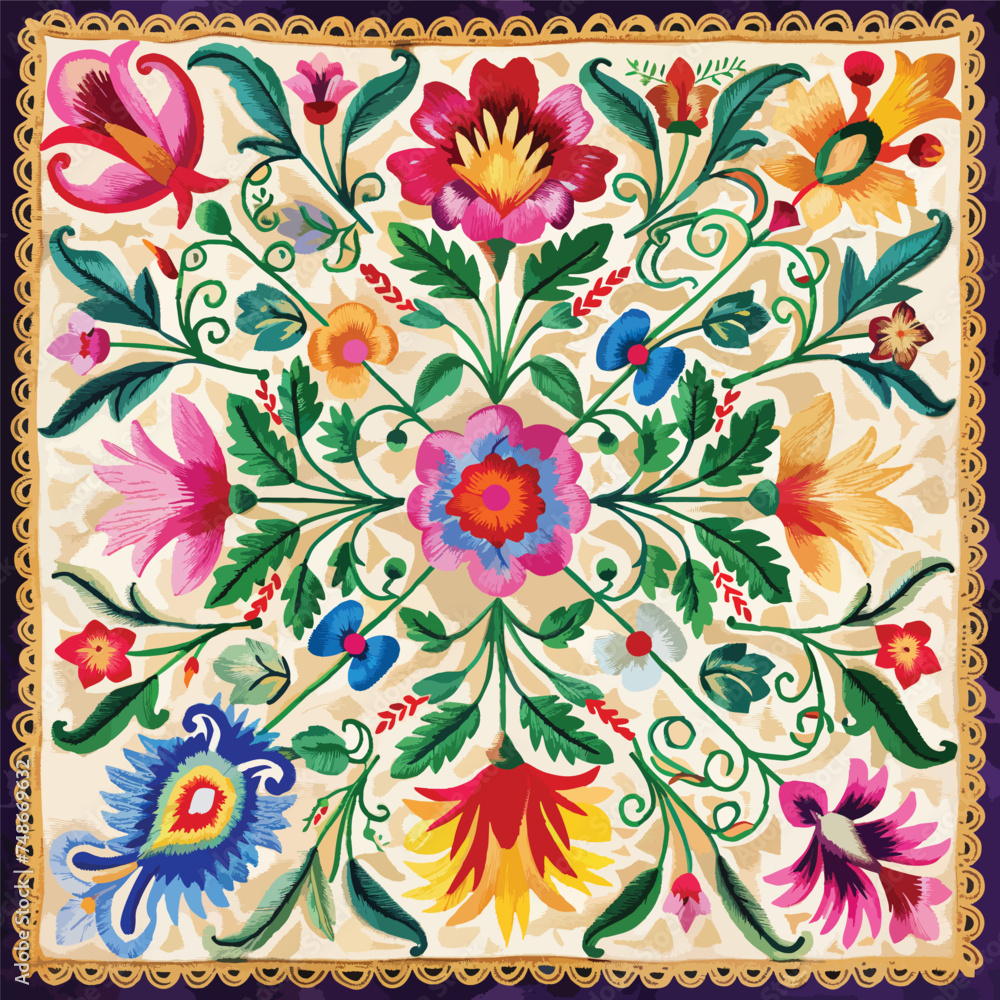 A beautiful embroidery panel design with colorful floral