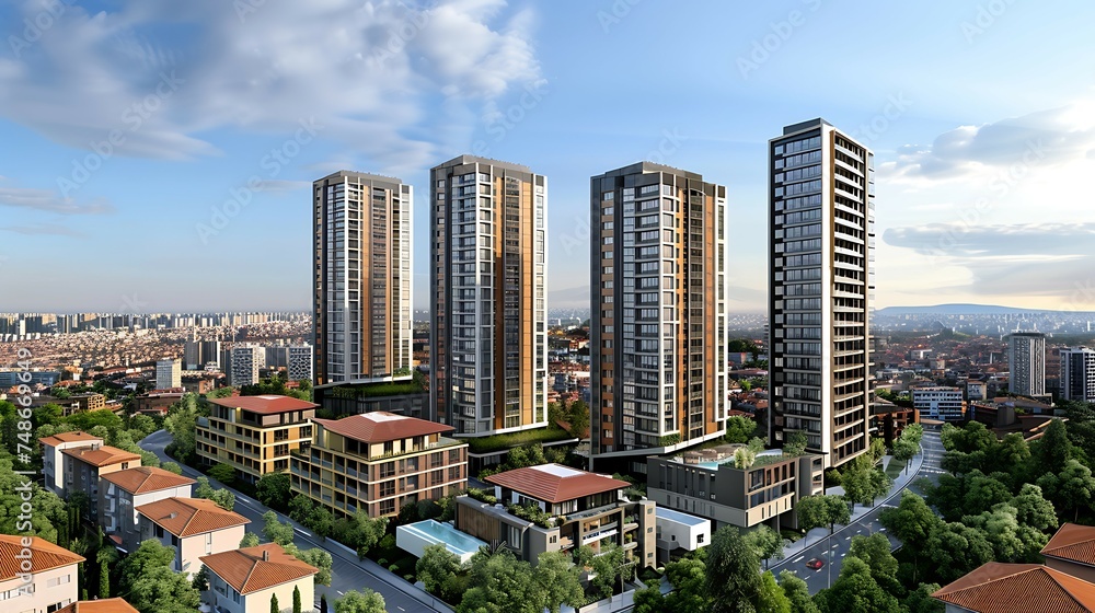 The image is a 3D rendering of a modern apartment complex. The complex ...