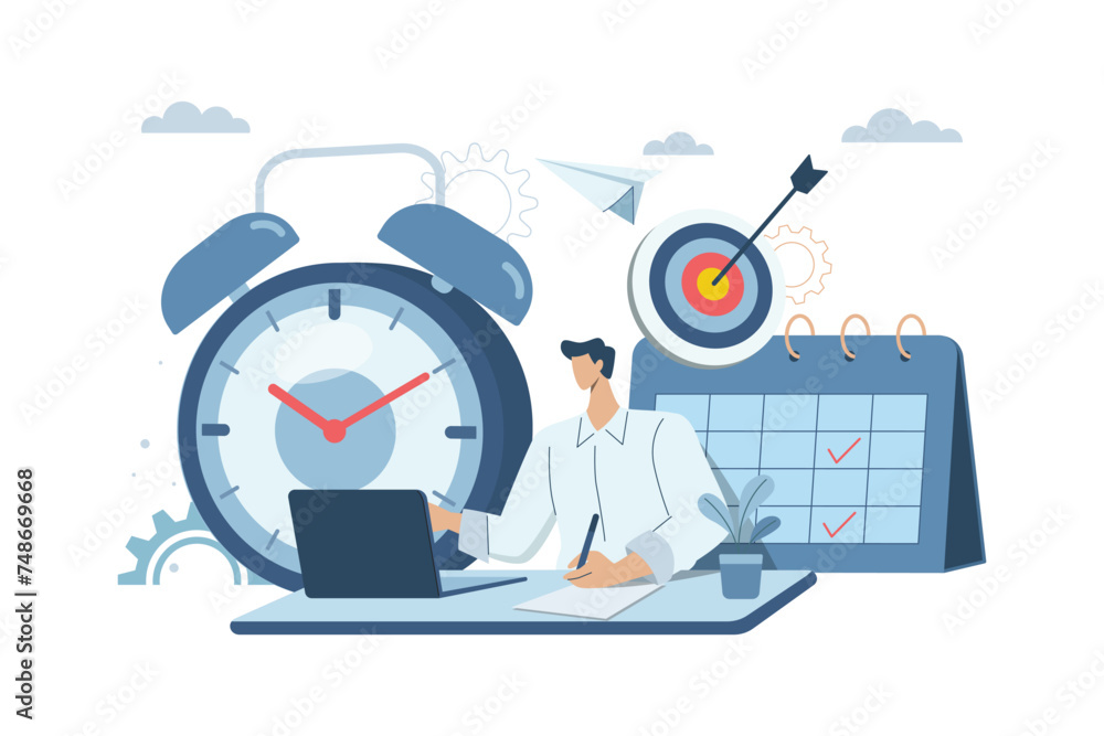 Time management planning concept, Corporate schedule management, Businessman plans organized work on schedule, with big alarm clock. Vector design illustration.