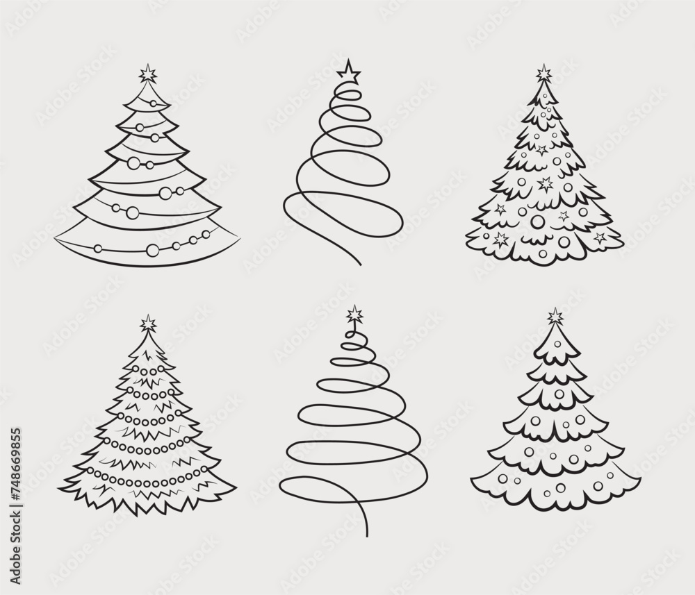 Obraz premium Abstract Christmas Tree Set, Christmas Tree Silhouette, Line Vector illustration