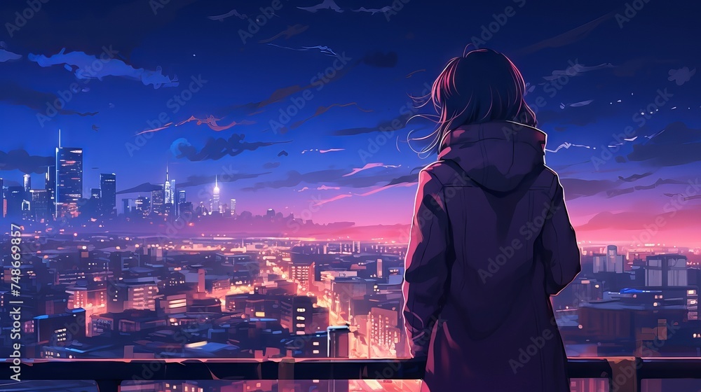 Anime girl enjoying the night view of the city - lofi manga urban ...