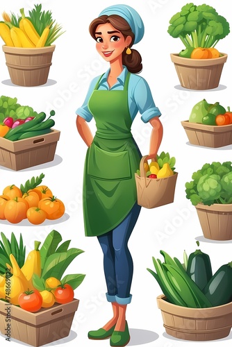 This extraordinary vector features a vibrant vegetable vendor character with rich colors and intricate details, perfect for projects related to vegetable sales, kitchen design, and similar endeavors. photo