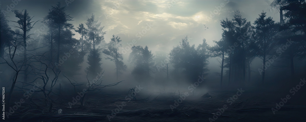 Fototapeta premium Foggy old forest in wide banner shape. Mystic nature panorama photo