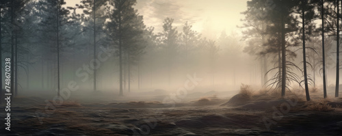 Foggy old forest in wide banner shape. Mystic nature panorama photo