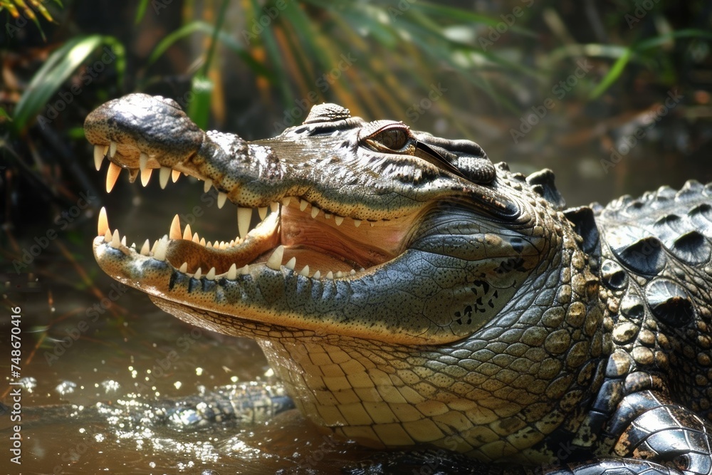 Obraz premium An imposing crocodile basks with its jaws wide open, showcasing a formidable row of teeth, ready for the ambush.