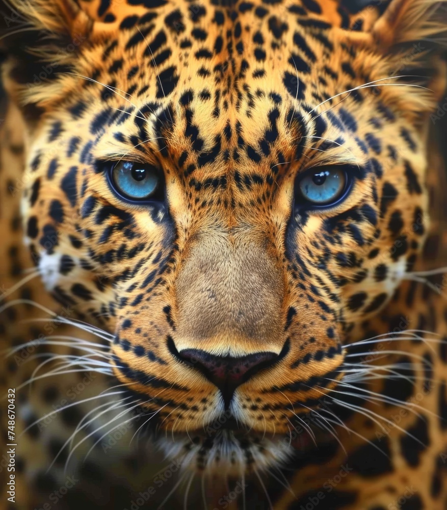 A captivating close-up of a jaguar's face showcasing its intense blue eyes and intricate spotted fur. A captivating close-up of a jaguar's face showcasing its intense blue eyes and intricate spotted fur.