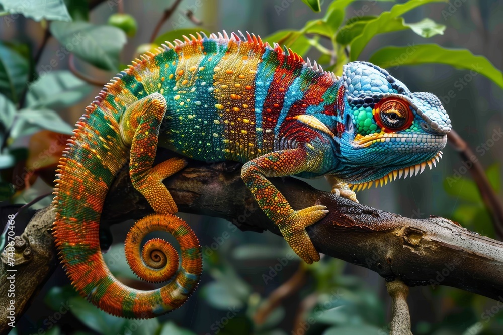 A vividly colored chameleon clings to a branch, its skin a dazzling array of colors, from radiant blues to fiery oranges. - obrazy, fototapety, plakaty 