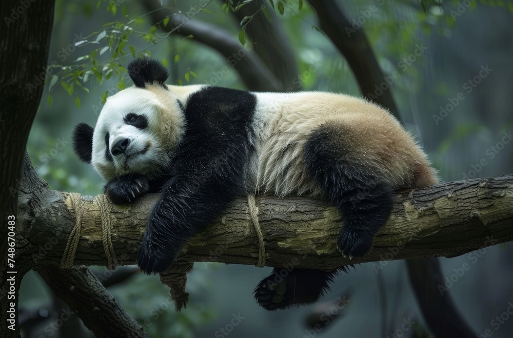 Fototapeta premium A peaceful giant panda sprawled comfortably on a tree branch, enjoying a lazy nap amidst green foliage
