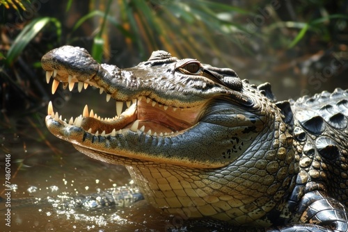 An imposing crocodile basks with its jaws wide open, showcasing a formidable row of teeth, ready for the ambush.