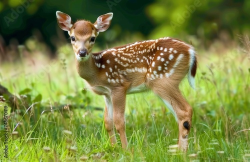 A delicate fawn with white spots gazes back, standing in a verdant meadow, the embodiment of innocence and new life.