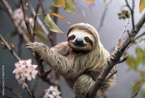 A serene sloth hangs from a tree branch, surrounded by soft blossoms, offering a gentle expression.