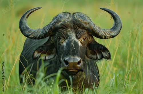 The intense stare of a Cape buffalo emerges from the tall grass, its curved horns and rugged features epitomizing the untamed wilderness. © AW AI ART