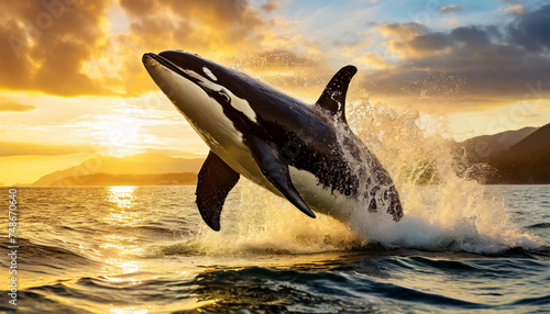 Closeup of a killer orca whale jumping out of the water with splashes in the sea at sunset or sunrise. Generative Ai.