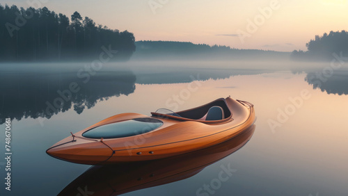 Elegant handcrafted wooden kayak on calm lake at sunset. Sleek lines and smooth curves reflect artistry of quiet luxury construction