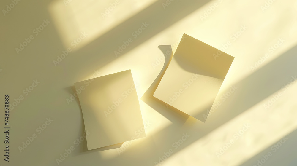Two aesthetic yellow sticky note reminders on white background. Sun rays and shadows. Minimalist concept. Generative AI Two aesthetic yellow sticky note reminders on white background. Sun rays and shadows. Minimalist concept. Generative AI