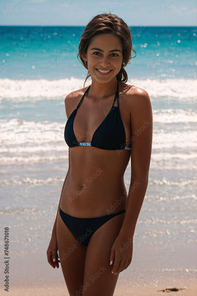 Latin woman in bikini bathing on the beach