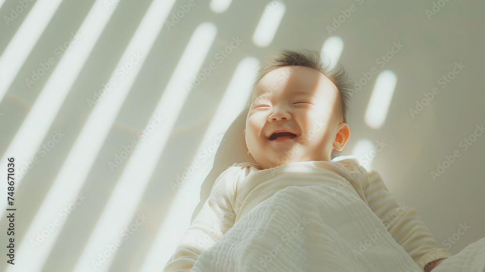 Aesthetic portrait of Asian newborn baby smiling while sleeping. Light colors, sunlight and shadows. Generative AI
