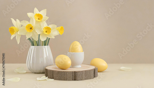 Wielkanocne tło, żółte jajka i narcyzy