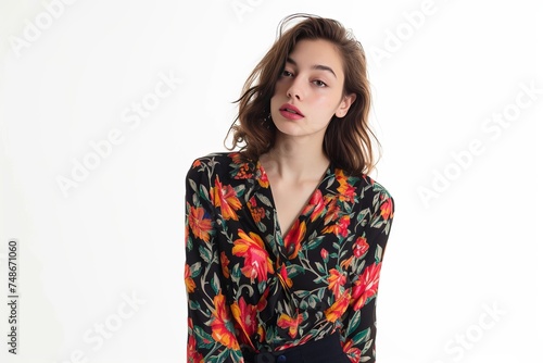 Pretty Young Woman in Floral Print Maxi Dress photo on white isolated background