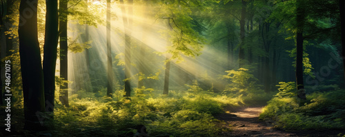 Beautiful sunny rays of light in green forest. Mystic forest.