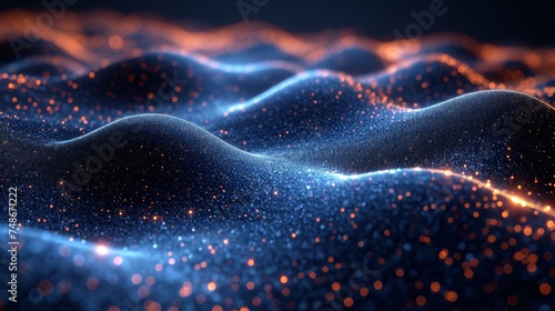 Abstract blue light wave with sparkling particles, resembling a digital landscape or a virtual environment with a sense of motion and technology