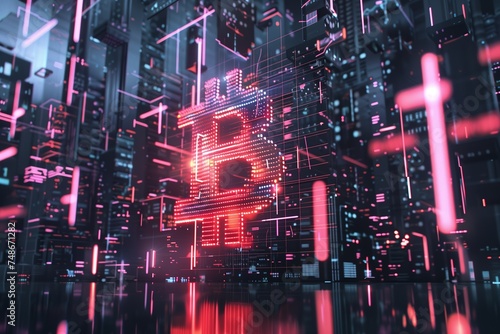 all time high of bitcoin price is coming right after the halving process, night street of dystopic future city with big bitcoin red glowing sign  photo