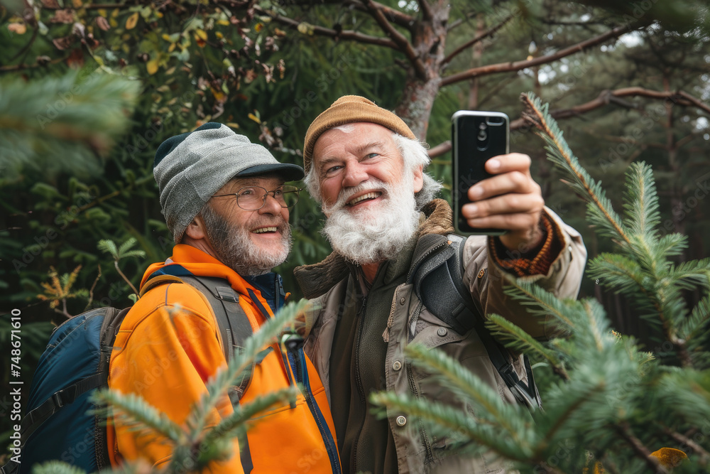 Happy senior couple friend taking selfie in nature