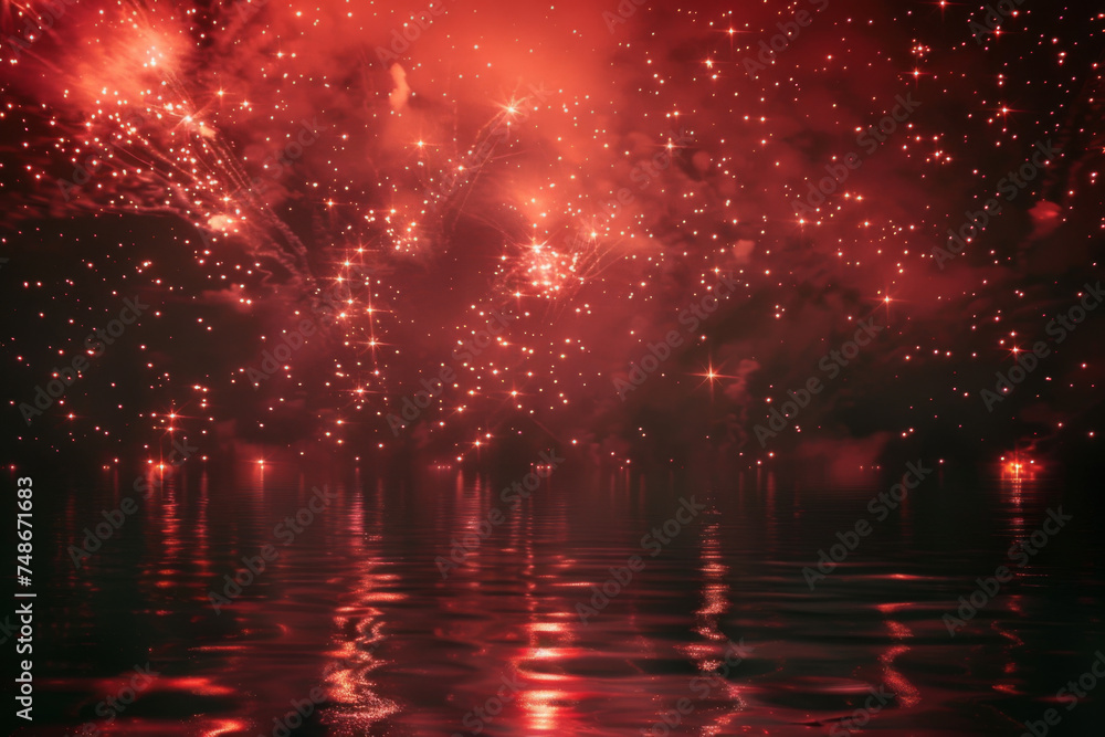 Photo of red fireworks in the sky over water.