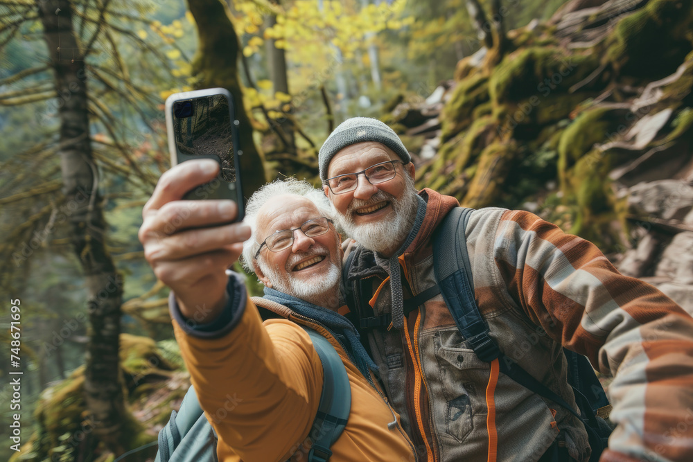 Happy senior couple friend taking selfie in nature
