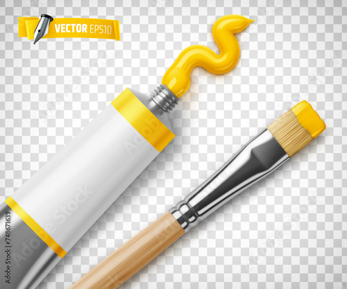 Vector realistic illustration of a yellow paint tube and a paintbrush on a transparent background.